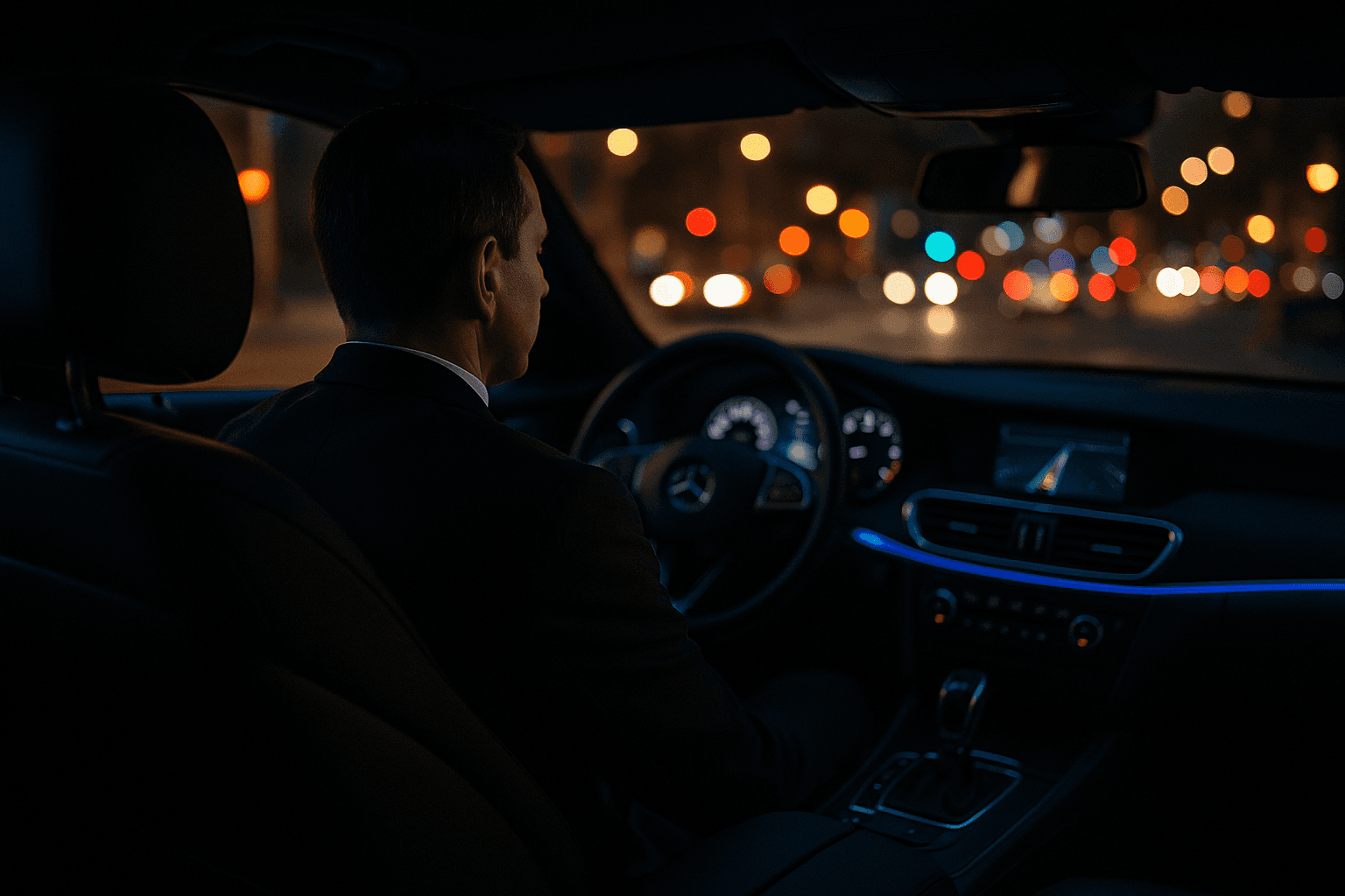 Passenger view from backseat of car at night, Jeevz driver upfront, city lights blurred outside, conveying safety and relief after a night out.